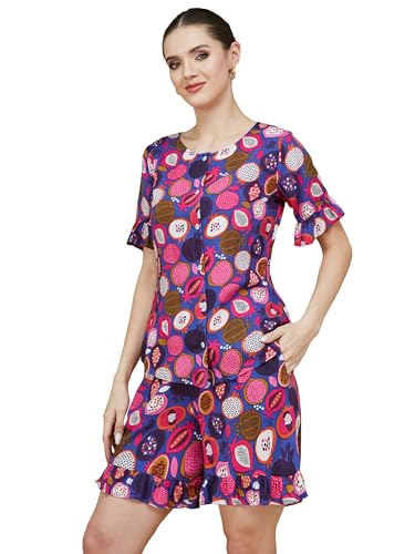 Life With Pockets Women’s Round Neck Short Dress ( S, Multicolored Base Purple)