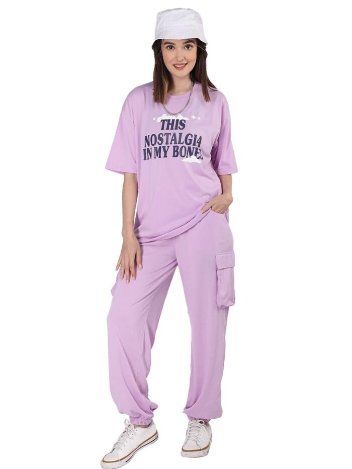 CHKOKKO Women Casual Summer Track Suit T-Shirt Trackpant Co-ord Set Lavender 3XL