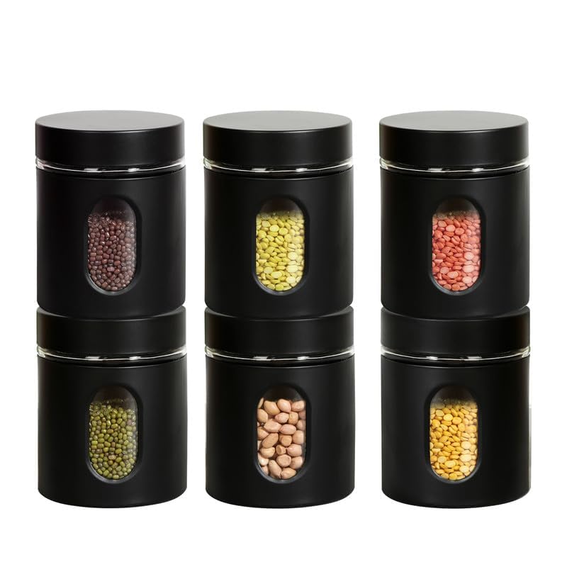 Cutting EDGE Oval Window – Powdered Black Finish Glass Jars, 900 ml, Set of 6 Cutting EDGE Oval Window – Powdered Black Finish Glass Jars, 900 ml, Set of 6