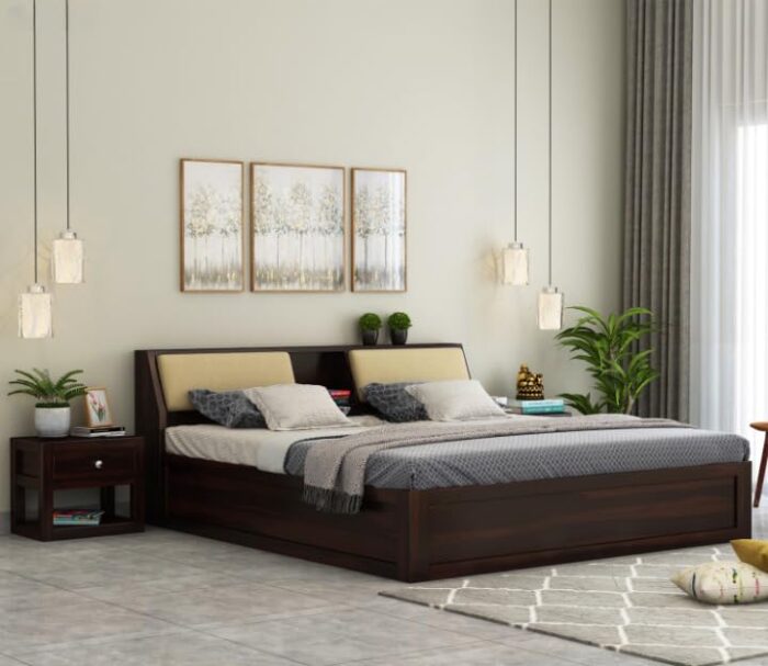 Kunjal Furniture Solid Sheesham Wood Queen Size Double Bed with Box Storage (Walnut Finish)