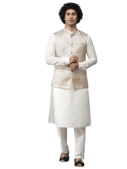 Men Gold & White Solid Kurta Pyjamas With Nehru jacket