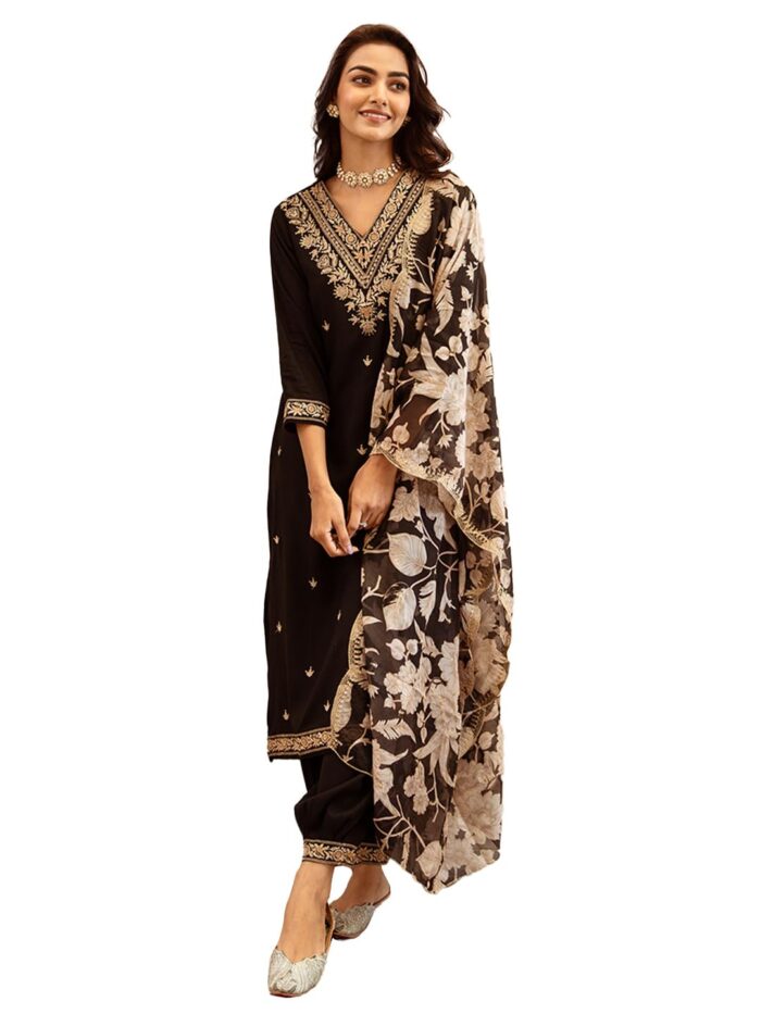 Women’s Black Viscose Rayon Embroidered Straight Kurta & Salwar With Dupatta Set (Medium)