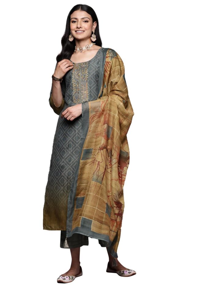 Women’s Silk Blend Kurta Sets (Grey)