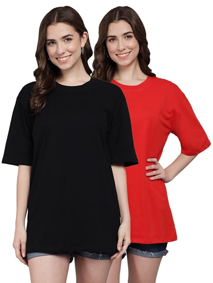 Cotton Half Sleeve Oversized T-Shirt for Womens/Girls (Pack of 2) (Large, Black & Red)