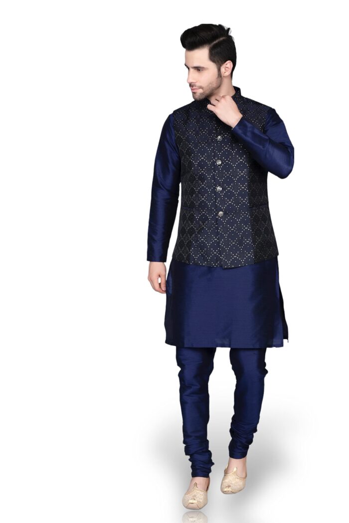 Men’s Silk Blend Kurta Churidar Pyjama with Ethnic Bundi Jacket Set (Navy)