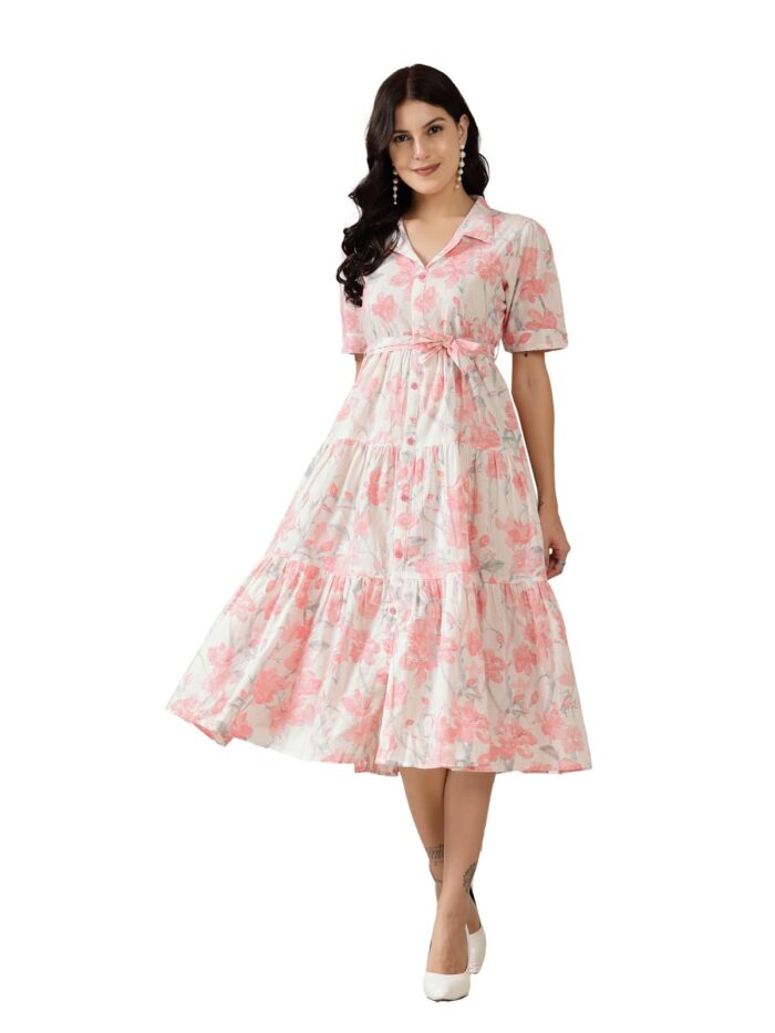 Stylum Women’s Pestal Pink Floral Printed Cotton Flared Dress (Baby Pink, M)
