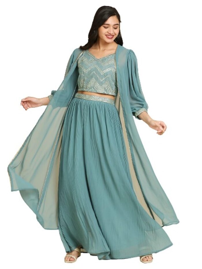 Madhuram Textiles Women’s Georgette Lehenga & Choli With Long Shrug Set (M, Turkish Green)