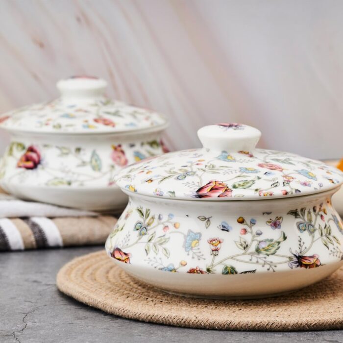 GOLDEN QUEEN’S Serving Bowl with Lid | Microwave Safe Bowls –  Set of 2 Handis (Pink Shrub Handis)