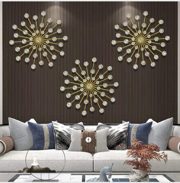 ZOVE Set of 3 Silver Metal Jeweled Wall Art – Sun Burst Rhinestone Wall Hanging (13.5 x 13.5 inch)