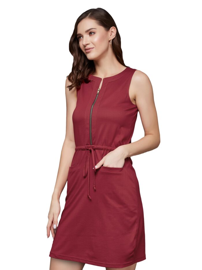 Women’s Round Neck Solid Mini Shift Dress with Pockets (Vintage Maroon, S)