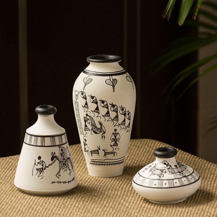 Earthenware Terracotta Vases for Home Decor, Round Flower Vase (Set of 3, White)