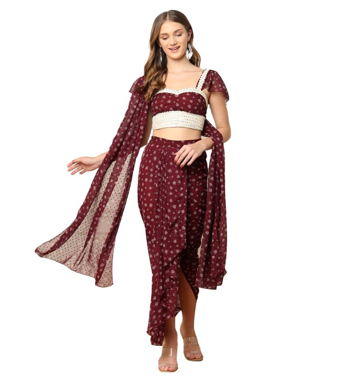 DEEBACO Floral Print Dobby Georgette Crop Top & Dhoti Pants (XXL,Wine)