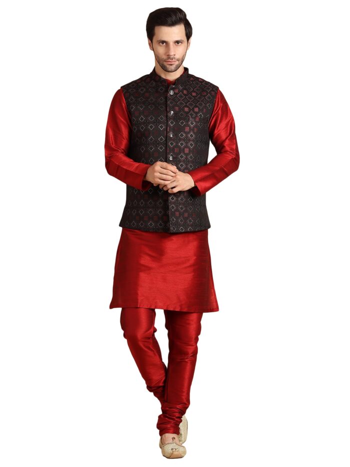 Men’s Silk Blend Kurta Pajama & Waistcoat Set