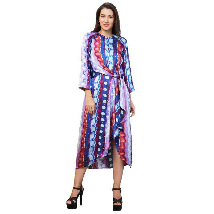 Women Multi Color Abstract Print Waist Tie Up Party Dress