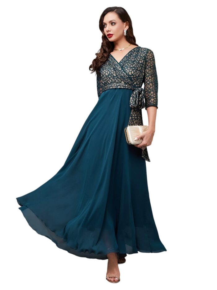 Women’s Floral Printed Relaxed Fit V-Neck 3/4th Sleeve Maxi Dress with Pockets (Teal, XS)