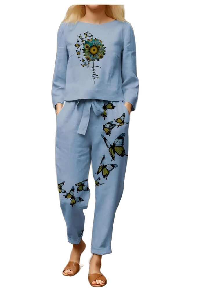 StyleScope Women’s Cotton Blend Butterfly Printed Crop Top Co-Ords Set ( Sky Blue, XL)