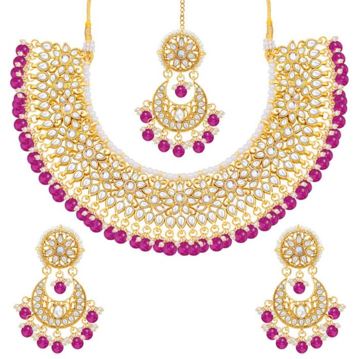 Peora Gold Plated Kundan Choker Necklace Earrings with Maang Tikka Jewellery Set for Women