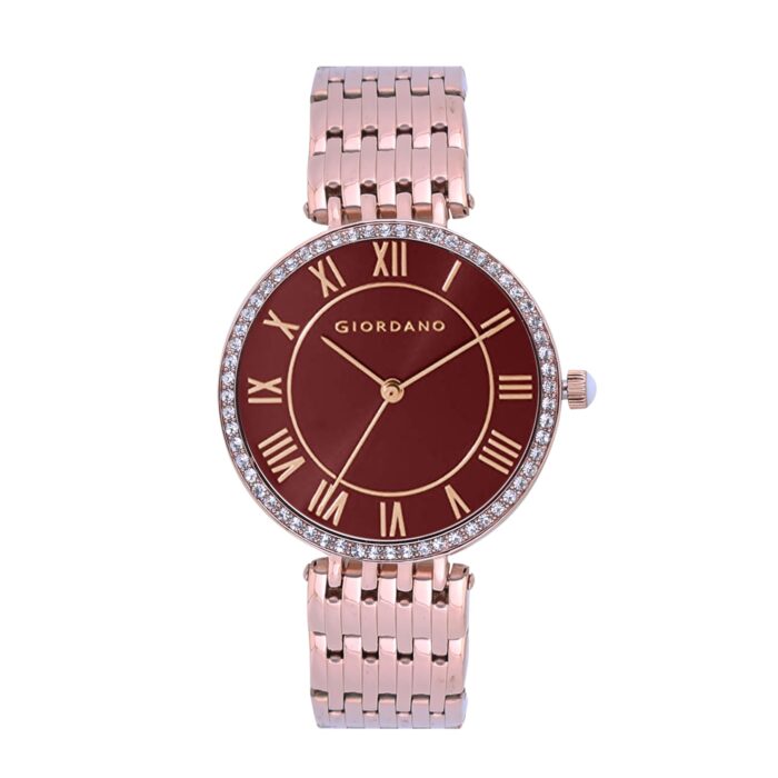 Giordano Eleganza Collection Round Analog Watch for Women (Dial: Maroon, Strap: Rose Gold)