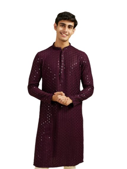 Men’s Viscose Embroidery Sequin Work Kurta (Purple, XL)