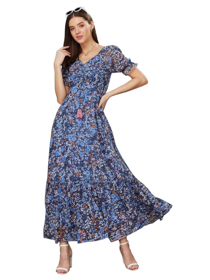 Women’s V-Neck Puff Sleeve Floral Ankle Length Dress with Pockets ( Multicolored-Base-Navy Blue, XS)