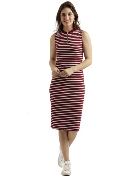 Women’s Comfortable Sleeveless Striped Midi Bodycon Dress with Zipper (Maroon and White,X-Small)