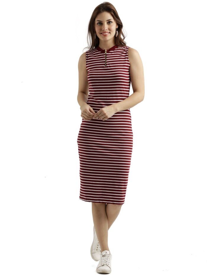 Women’s Comfortable Sleeveless Striped Midi Bodycon Dress with Zipper (Maroon and White,X-Small)