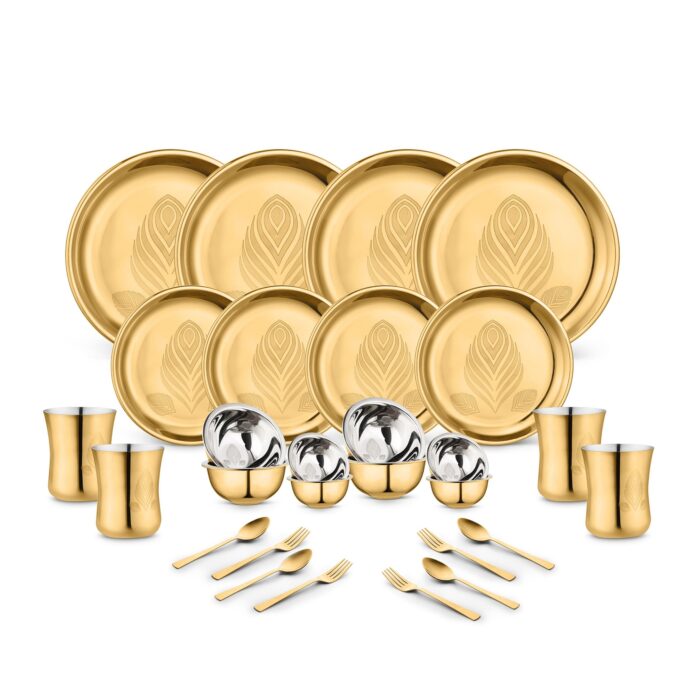 Classic Essentials Stainless Steel Gold Dinner Set with PVD Coating (Divine Dinner Set) (Set of 28)