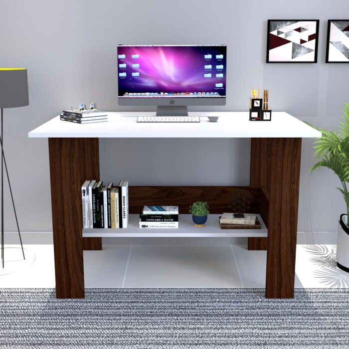 Furnifry Multifunctional Engineered Wood Small Study Table and Office Desk | Computer Work Desk/Study Desk (90x50x77 Cm, White & Walnut)