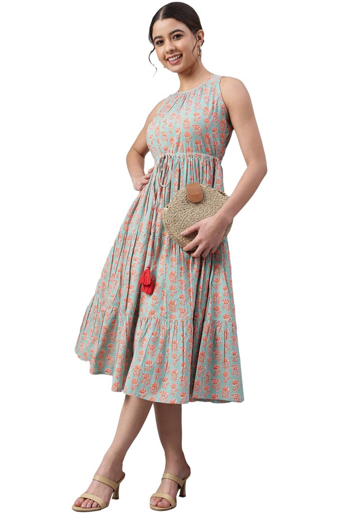 Janasya Women’s Mint Green Cotton Floral Block Print Tiered Western Dress