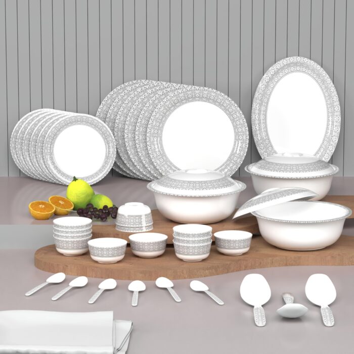 Castleite Piccolo Melamine Dinner Set – Break & Stain Resistant Designer Crockery Dinnerware (Ivory Bloom, Dinner Set 40 Pcs)