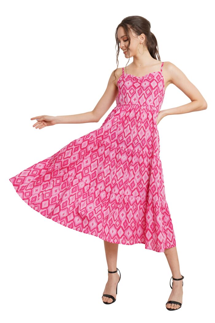 COTLAND Fashions Breathable Cotton Abstract Printed A-Line Midi Dress for Women (Shades of Pink)