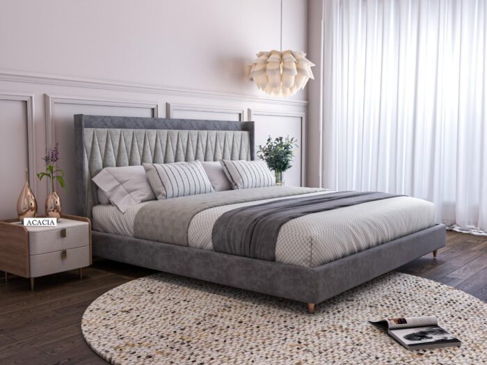 Acacia Modern Upholstered Queen Size Bed for Bedroom | Wooden Double Bed | 6.5 x 5 Ft | Sheesham Wood (Rosewood, Greydust)