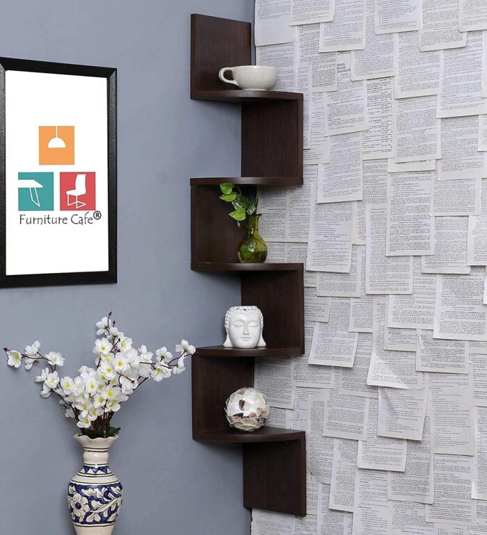 Furniture Cafe Wooden Wall Shelves | Zig Zag Floating Display Rack with  5 Tiers (Brown Finish)