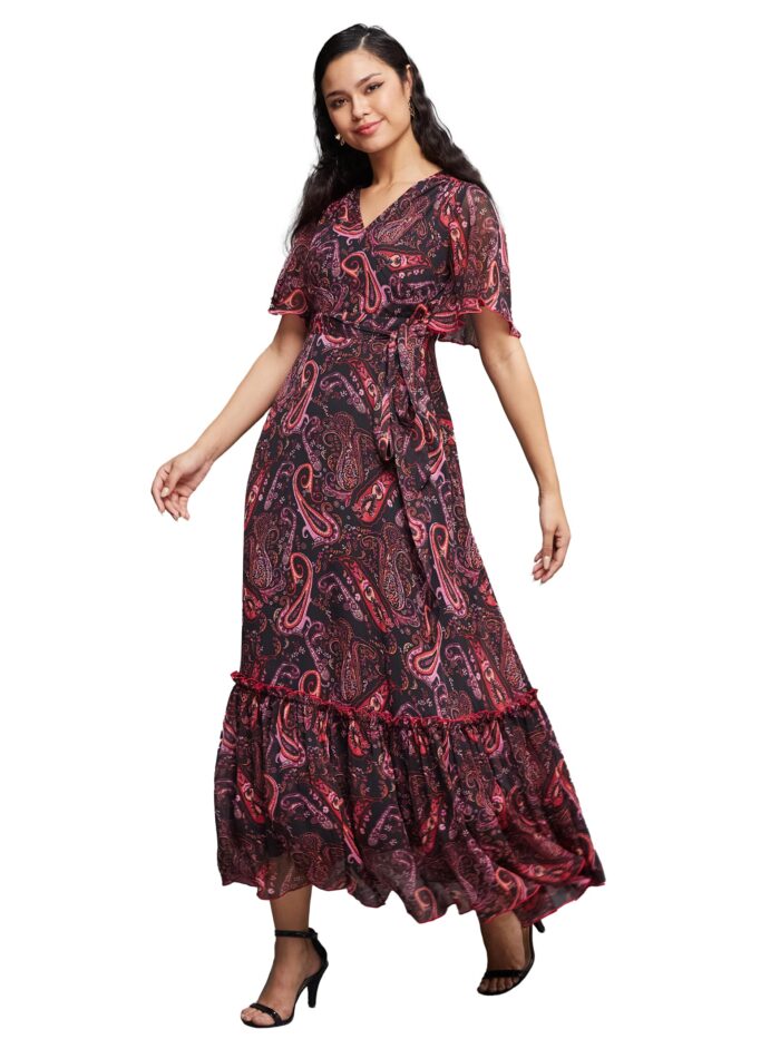 Women’s Bohemian V-Neck Flutter Sleeve Chiffon Relaxed Fit Wrap Maxi Dress with Pockets (Multicolored-Base-Black, XS)