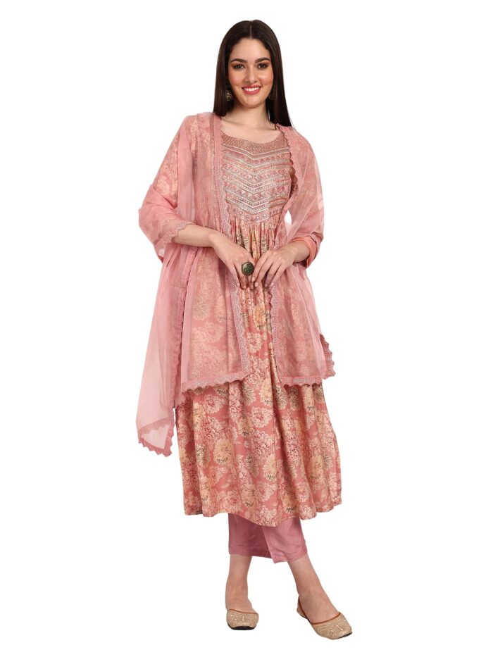 Women’s Peach Chanderi Embroidered and Printed A-Line Kurta and Laced Organza Dupatta Set