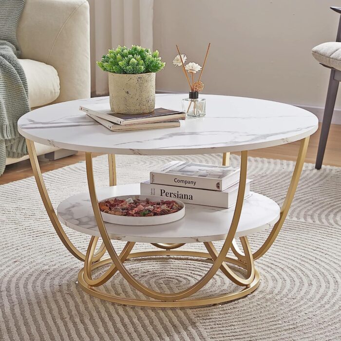 AAFIYA HANDICRAFTS Modern Round Marble Center Table with Storage Shelf (Gold & White)