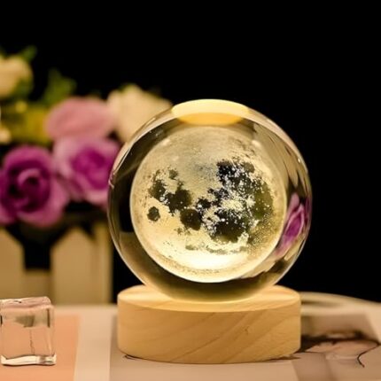 3D Crystal Moon Lamp with Wooden Base (Warm White)