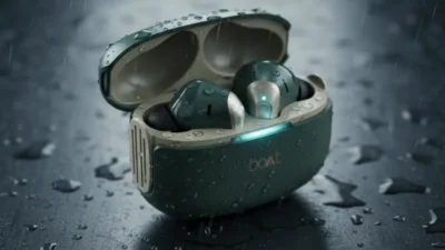 Ultra-realistic 3D render of boAt Airdopes 219 wireless earbuds with charging case in glossy finish
