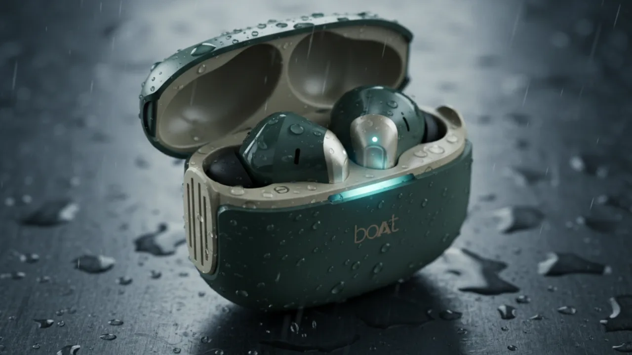 Ultra-realistic 3D render of boAt Airdopes 219 wireless earbuds with charging case in glossy finish